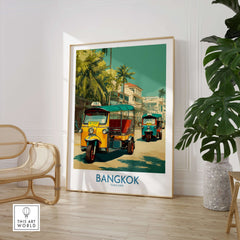 Bangkok Thailand Iconic Tuk Tuks Print - Vibrant Thai Travel Poster in a modern interior with greenery.