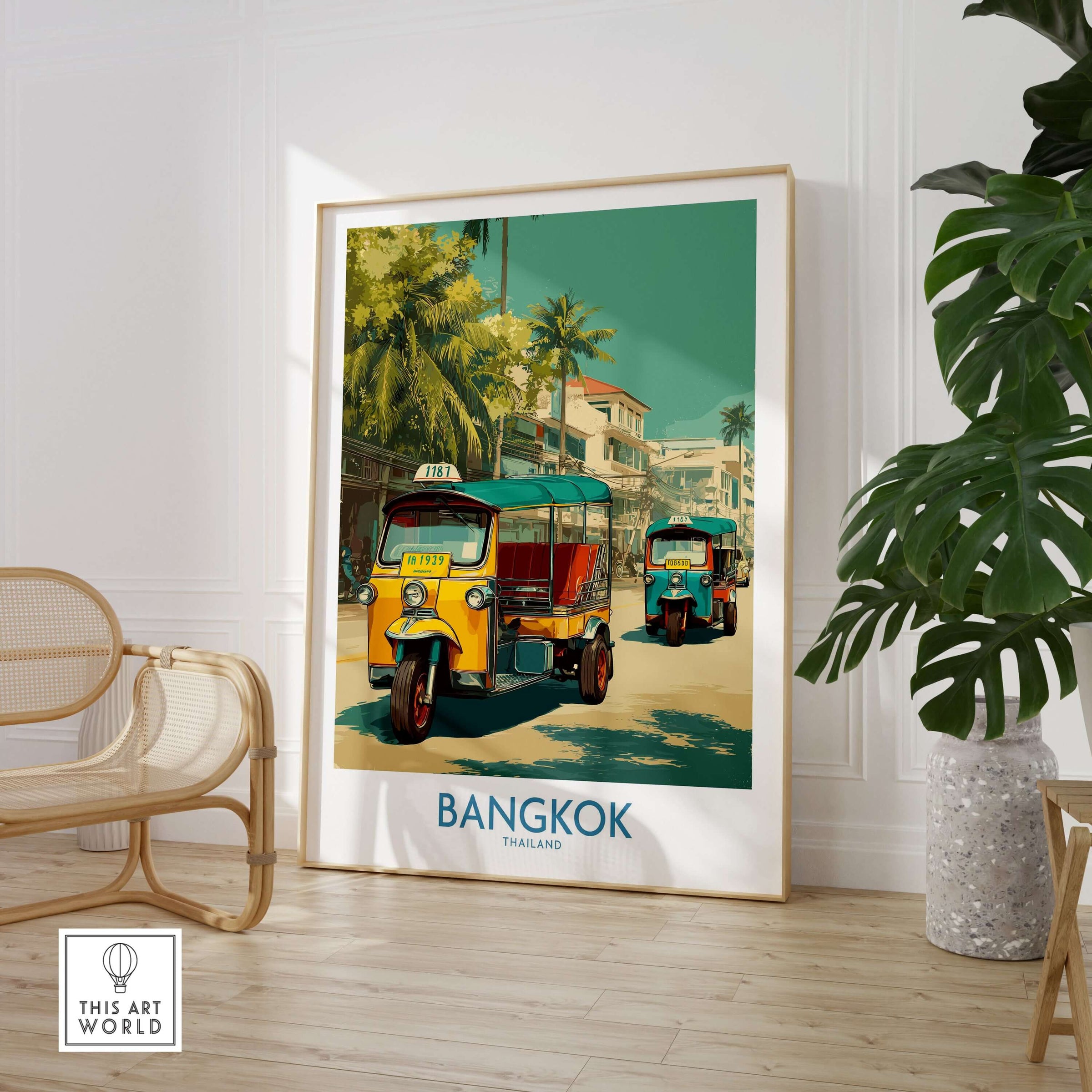 Bangkok Thailand Iconic Tuk Tuks Print - Vibrant Thai Travel Poster in a modern interior with greenery.