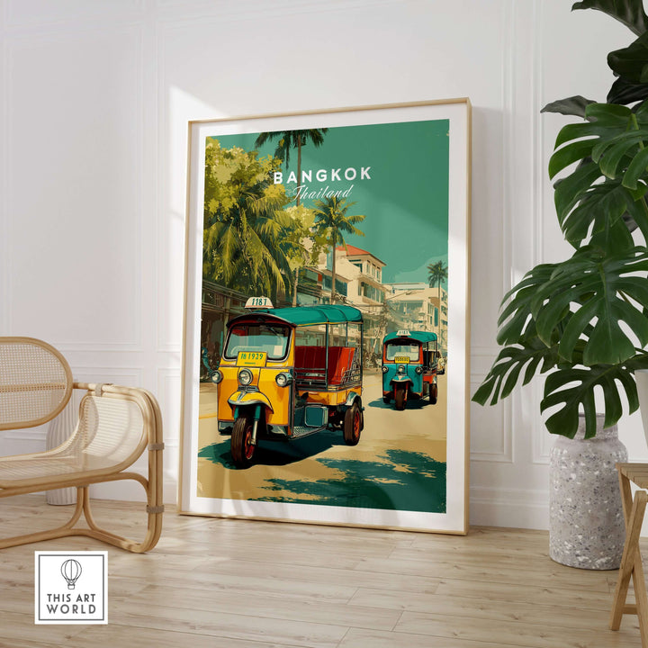 Colorful Bangkok tuk tuk poster showcasing vibrant street life and Thai culture, perfect wall art for travel lovers.
