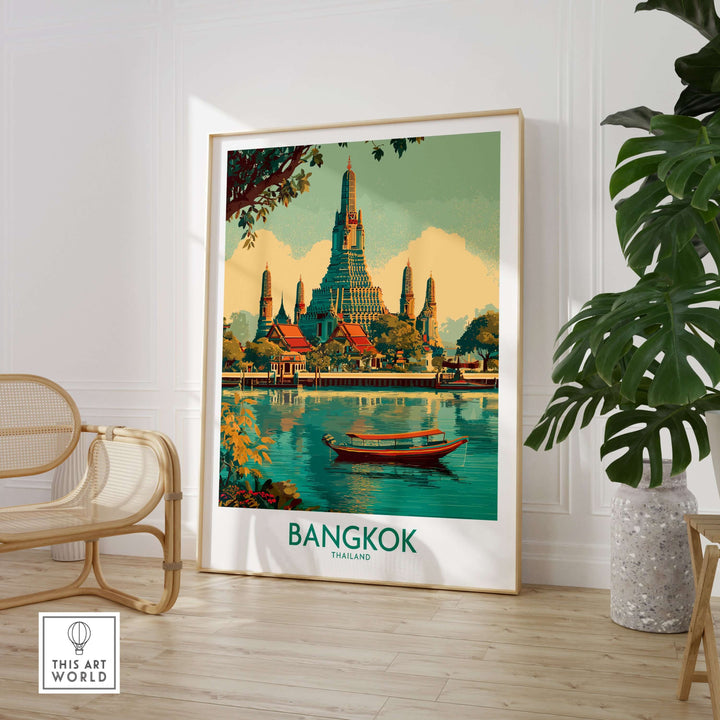 Bangkok Thailand temple wall art poster featuring intricate architecture and serene water scene.