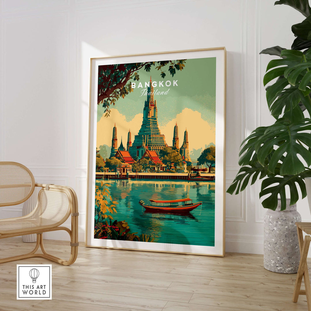 Bangkok Wat Arun poster showcasing a serene river scene with a boat, framed in a stylish interior.