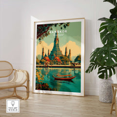 Bangkok Poster Thailand Wat Arun River Scene Print - Grand Temple Wall Art in a stylish interior setting.