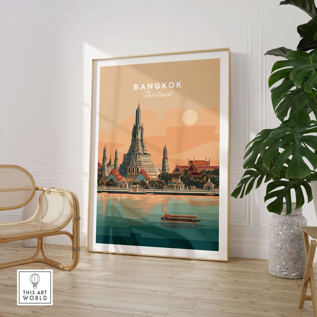 Bangkok print featuring Wat Arun Temple and Chao Phraya River, showcasing Thailand's cultural beauty in wall art.