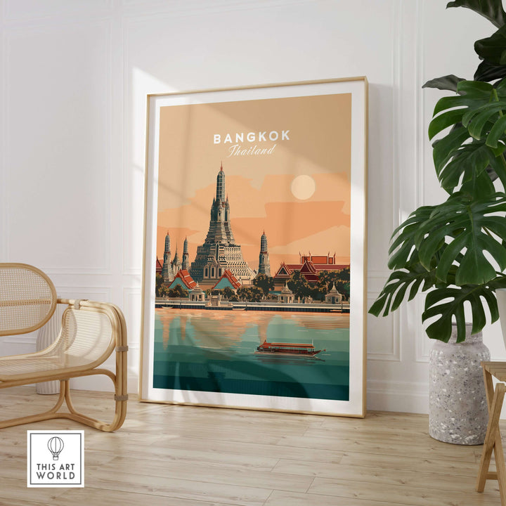 Bangkok print featuring Wat Arun Temple and Chao Phraya River, showcasing Thailand's cultural beauty in wall art.