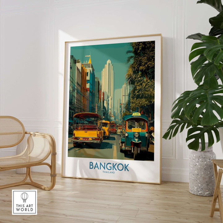 Bangkok wall art print featuring vibrant street life and tuk tuks, perfect for home or office decor.