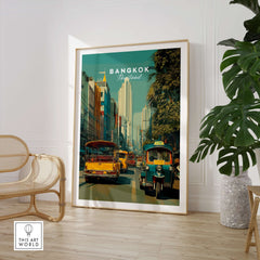 Bangkok Thailand Poster Tuk Tuk Street Scene - Thai Print displayed in a modern living room with plants and decor.