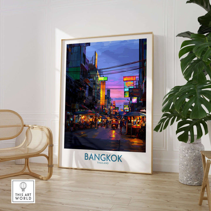 Bangkok Thailand neon lights wall art showcasing vibrant city streets at sunset, perfect for urban decor.