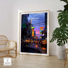 Bangkok Thailand Print Night Market Street -Thai Cityscape Poster displayed in a modern interior setting.