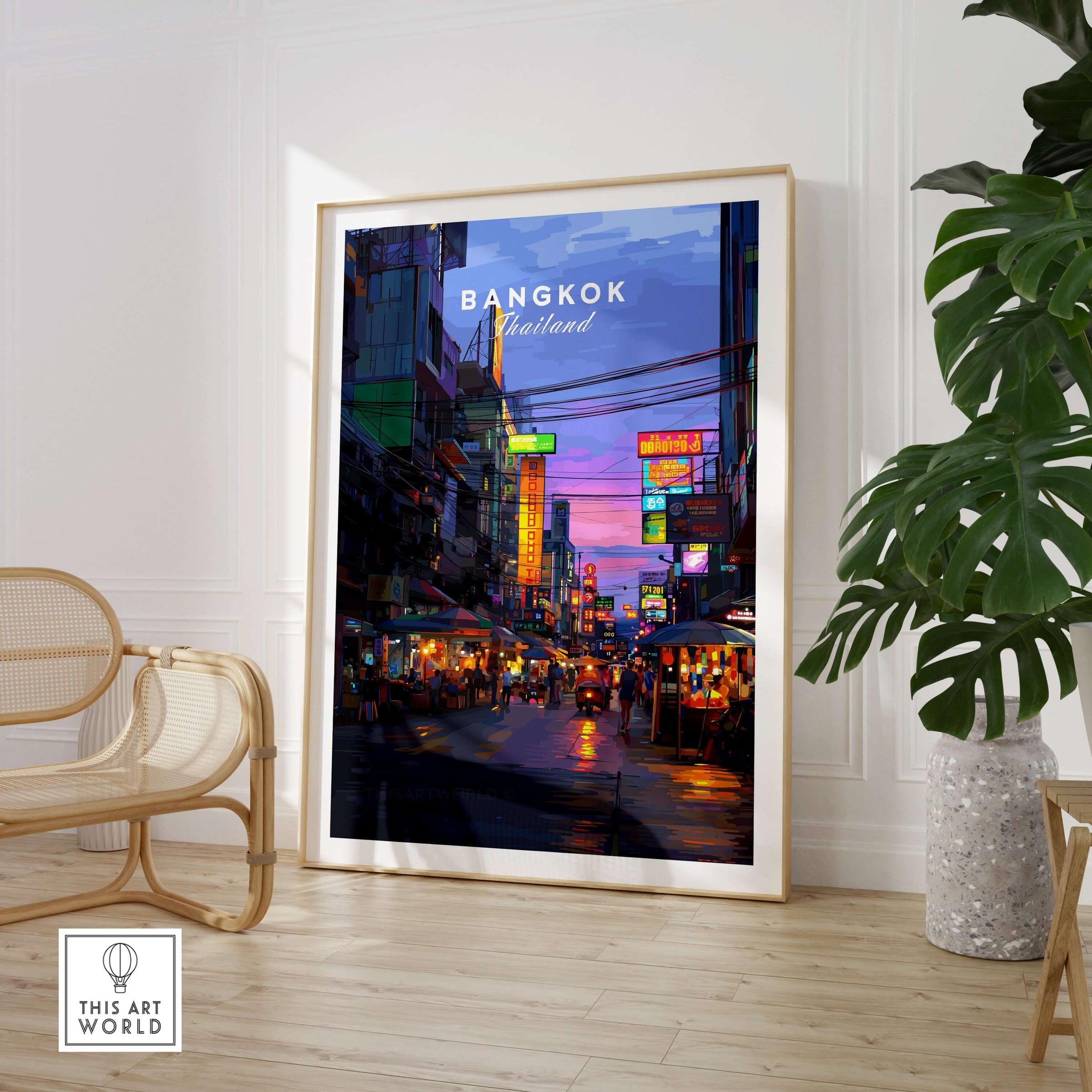 Bangkok Thailand Print Night Market Street -Thai Cityscape Poster displayed in a modern interior setting.