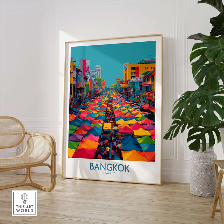 Colorful Bangkok market wall art poster showcasing vibrant tents and lively streets in Thailand.