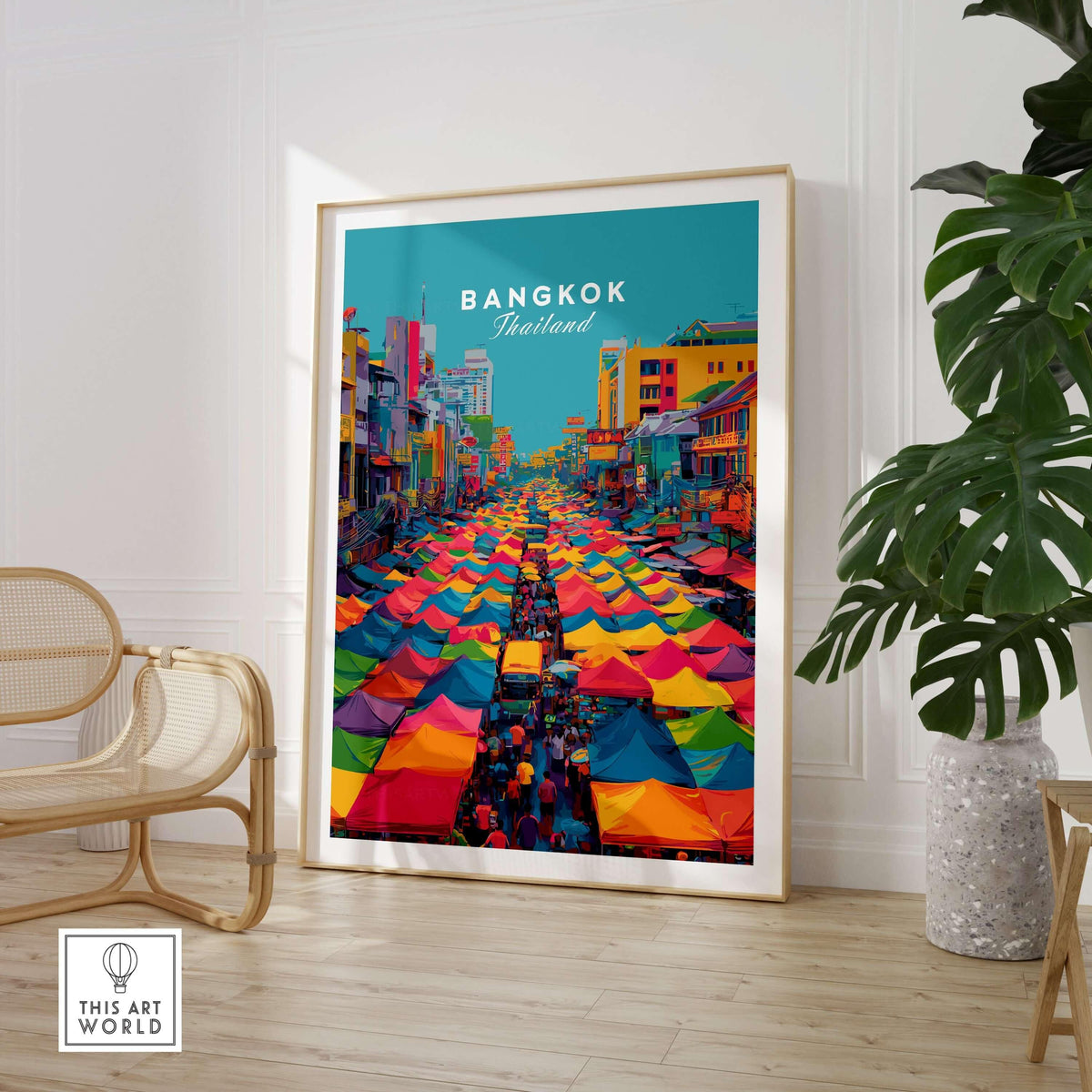 Bangkok Thailand Poster Colorful Market Tents - Vibrant Street Market Print showcased in a stylish interior with vibrant market tents.