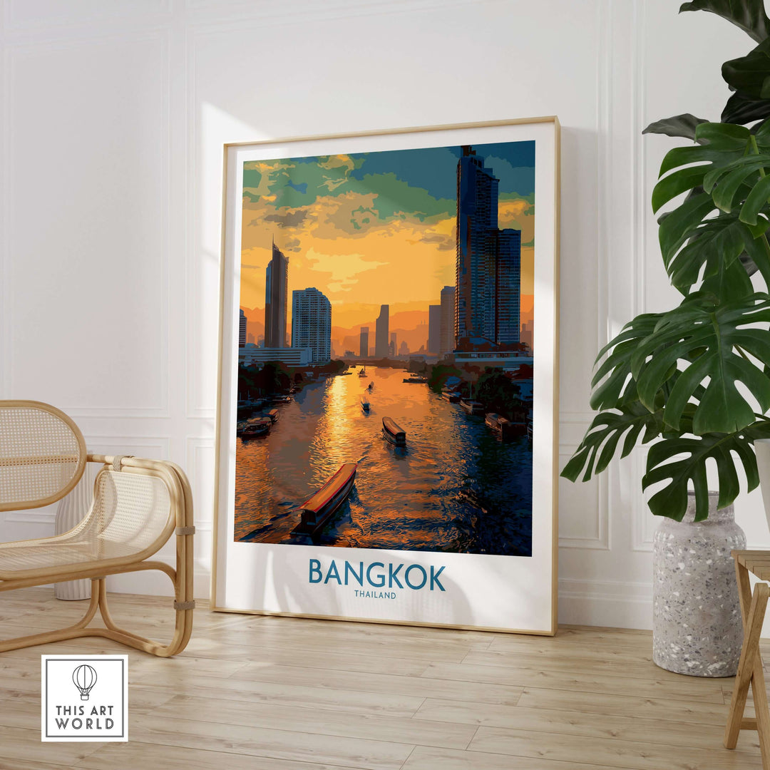 Bangkok urban waterfront wall art featuring modern skyline and sunset reflections on the river.
