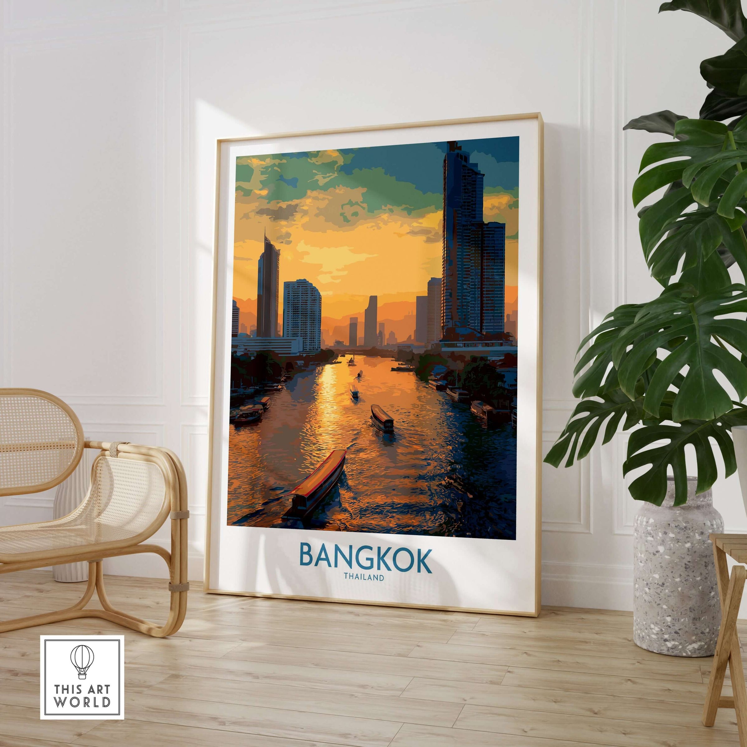 Bangkok Thailand Urban Waterfront Wall Art - Bangkok Cityscape Decor showcasing vibrant city skyline at sunset.