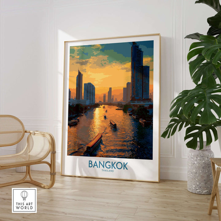 Bangkok urban waterfront wall art featuring modern skyline and sunset reflections on the river.