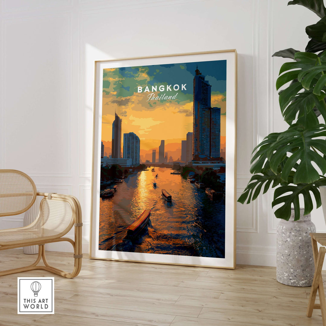 Bangkok Thailand river boats skyline print featuring sunset on the Chao Phraya, perfect for home decor.
