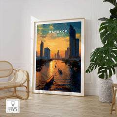 Bangkok Thailand River Boats Skyline Print - Chao Phraya Sunset Poster showcasing river boats against a sunset skyline.