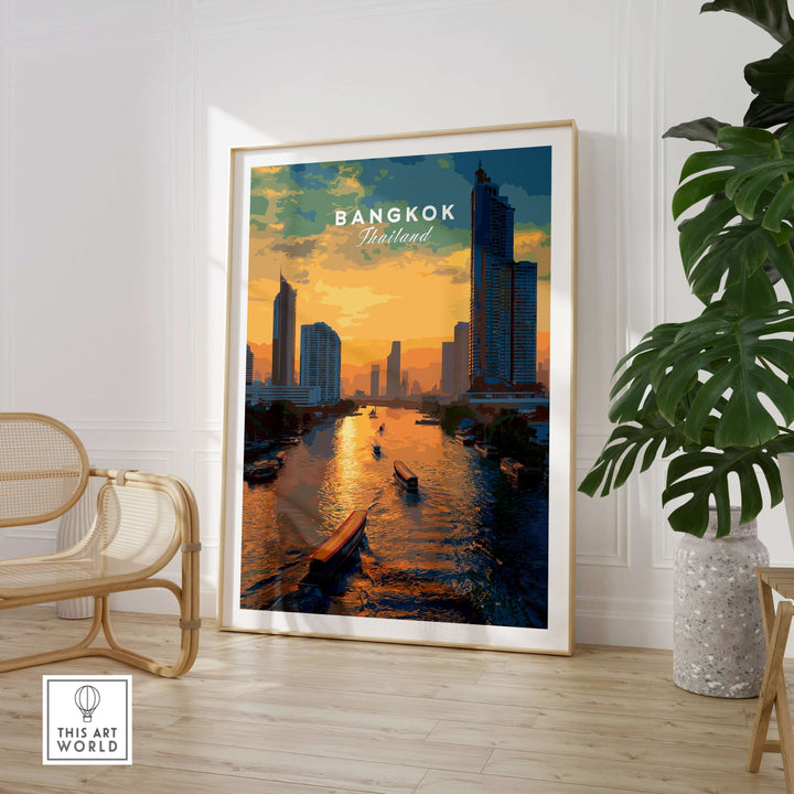 Bangkok Thailand river boats skyline print featuring sunset on the Chao Phraya, perfect for home decor.