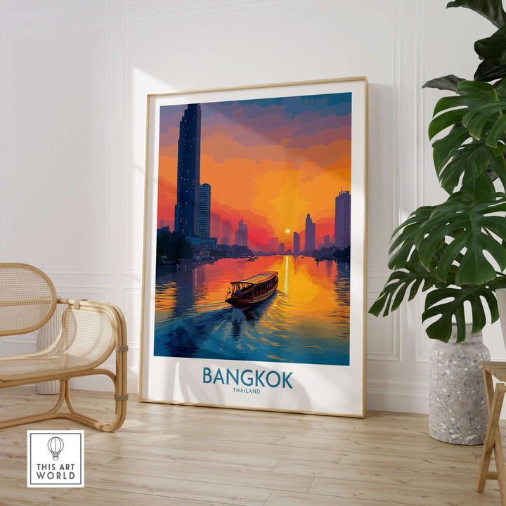 Bangkok wall art featuring a serene river scene at golden hour, showcasing Thailand's vibrant culture and beauty.