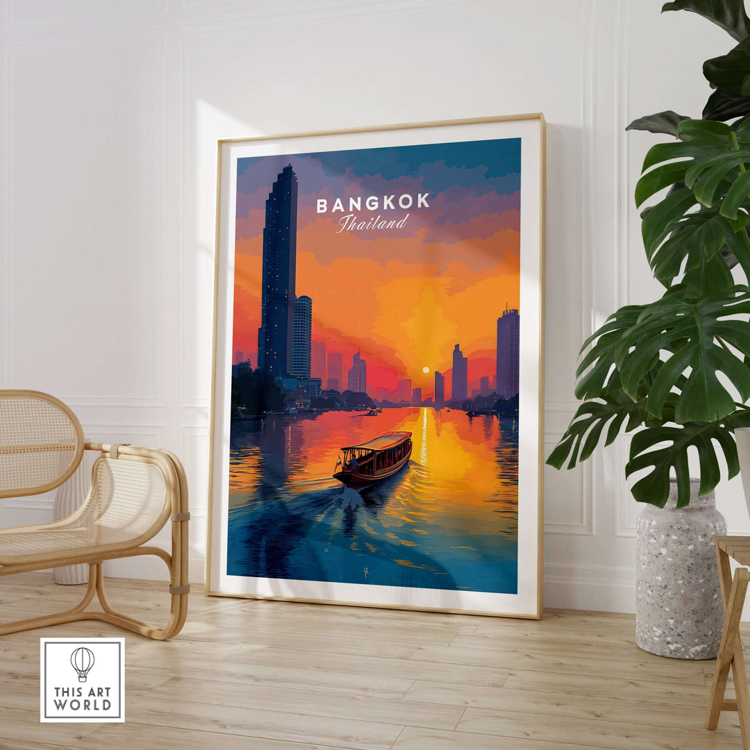 Bangkok sunset poster featuring a longtail boat with city skyline reflection, vibrant colors, and serene atmosphere.