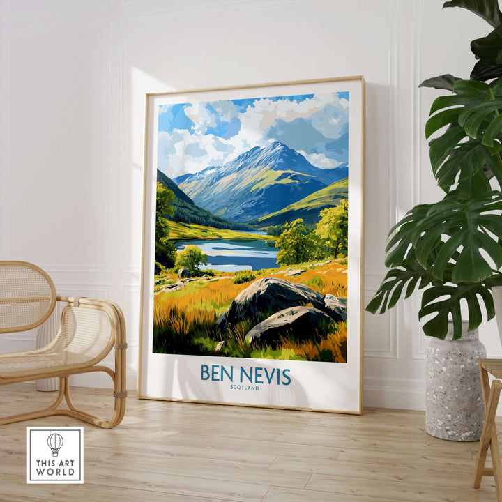 Ben Nevis poster featuring Scotland's iconic peak and scenic landscape, perfect for travel decor.