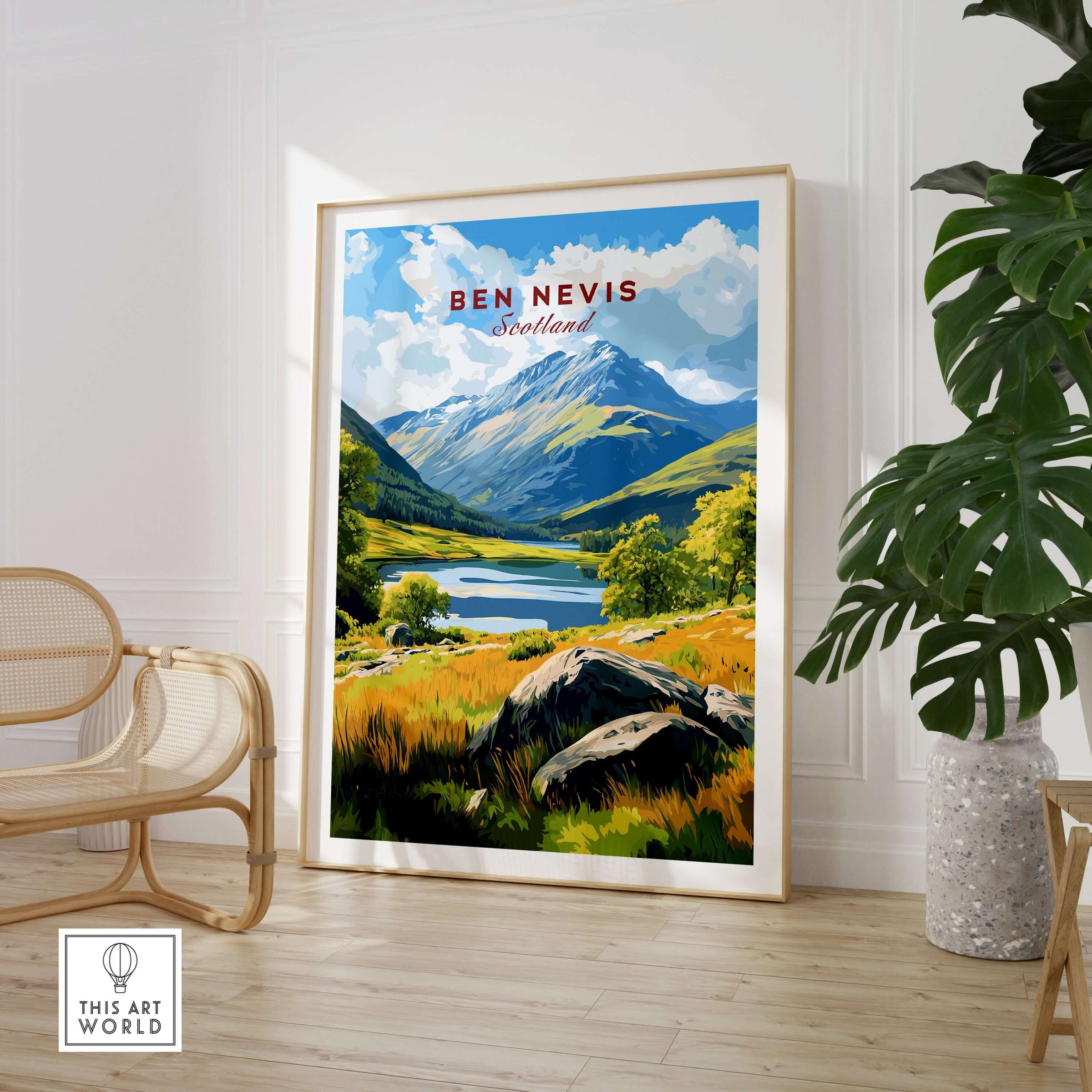 Ben Nevis Scotland Mountain Lake Landscape Print - Scottish Highlands Wall Art displayed in a modern interior setting.