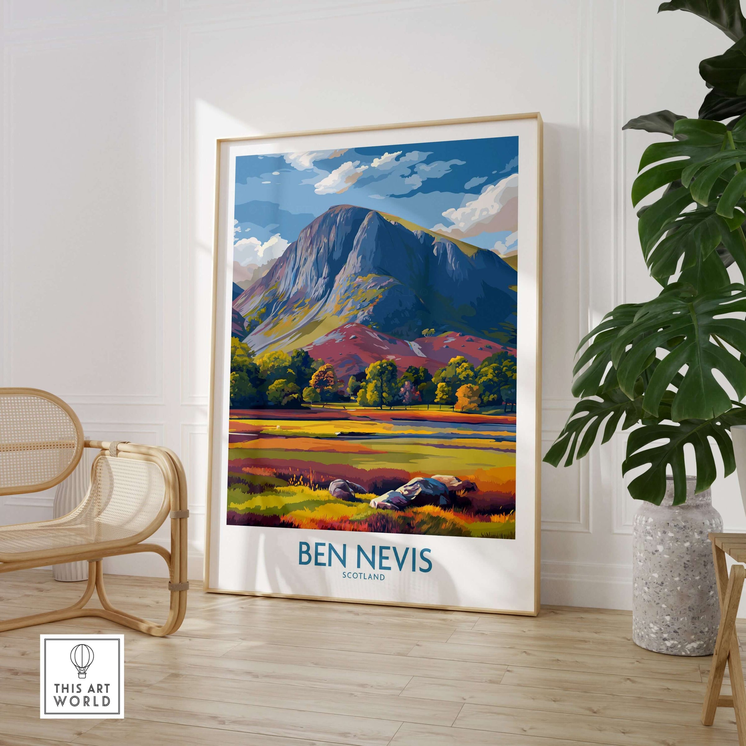 Ben Nevis Wall Art Scotland Highland Landscape - Autumn Foliage Travel Decor showcased in a modern home setting.
