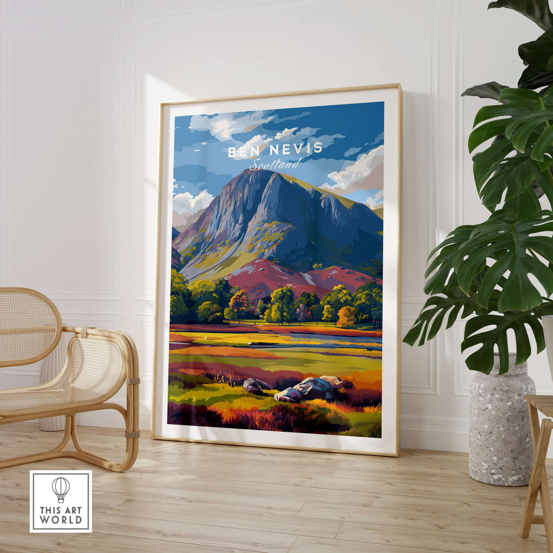 Ben Nevis colorful mountain scenery poster showcasing vibrant landscape of Scotland in a bright interior setting.