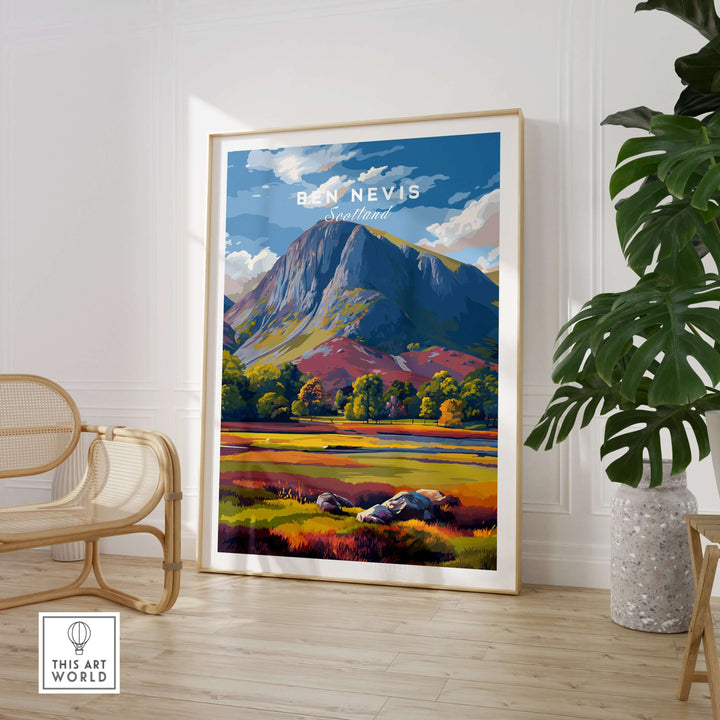Ben Nevis colorful mountain scenery poster showcasing vibrant landscape of Scotland in a bright interior setting.