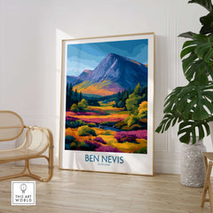 Ben Nevis Scotland Print Heather Fields Landscape - Scottish Peaks Illustration featuring vibrant heather fields and peaks.