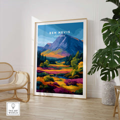 Ben Nevis Scotland Poster Autumn Mountain View - Fall Colors Wall Art displayed in a cozy interior with vibrant autumn scenery.