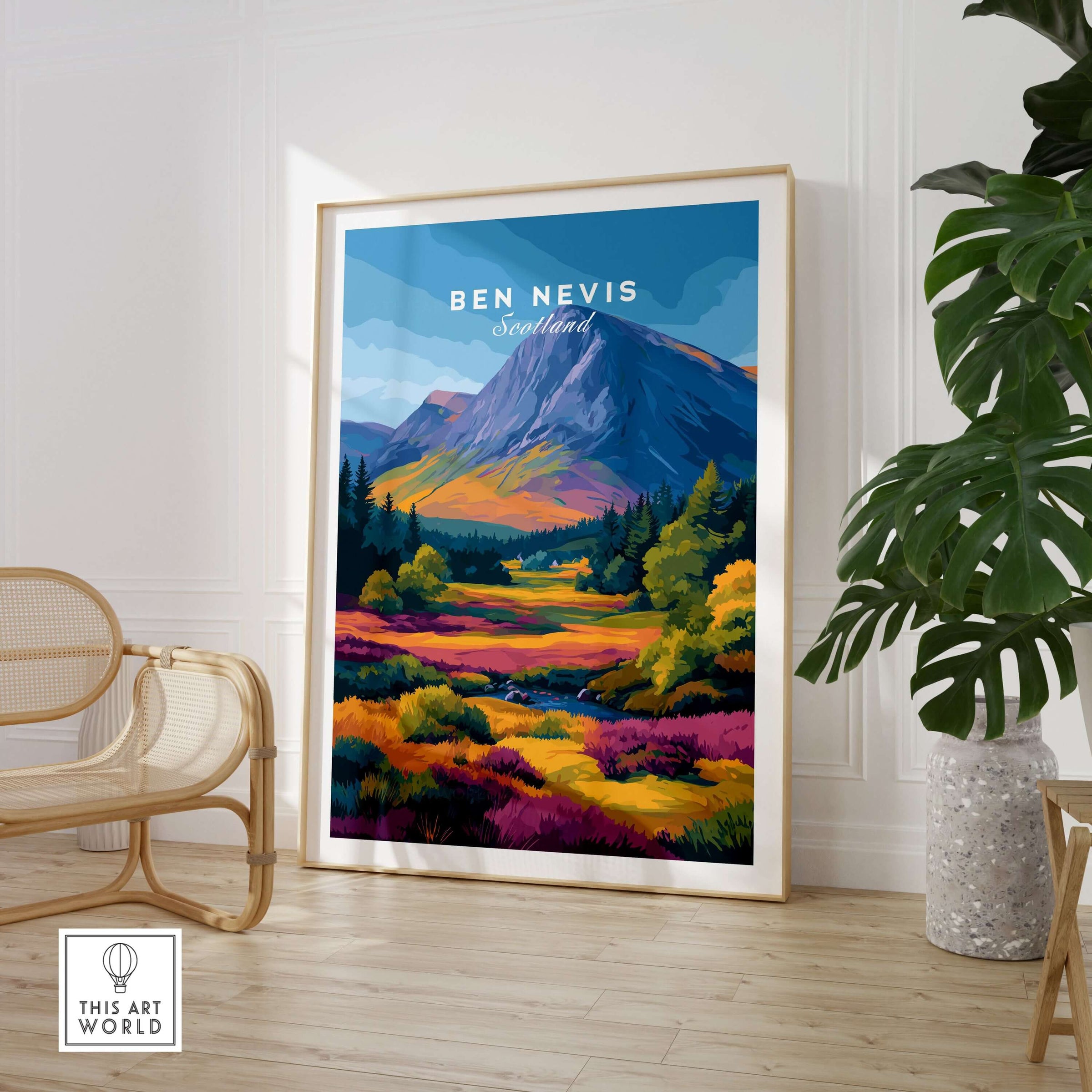 Ben Nevis Scotland Poster Autumn Mountain View - Fall Colors Wall Art displayed in a cozy interior with vibrant autumn scenery.