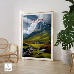 Ben Nevis Scotland Art Print Stream & Mountain - Rugged Scottish Landscape Poster displayed in a cozy living room.
