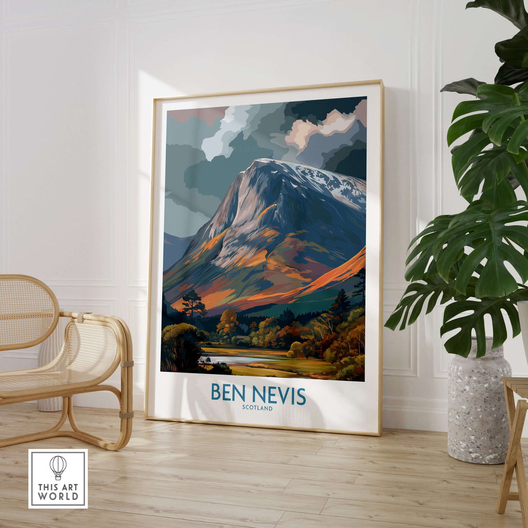 Ben Nevis cloudy peak landscape print showcasing Scotland's rugged beauty, framed and displayed in modern decor.