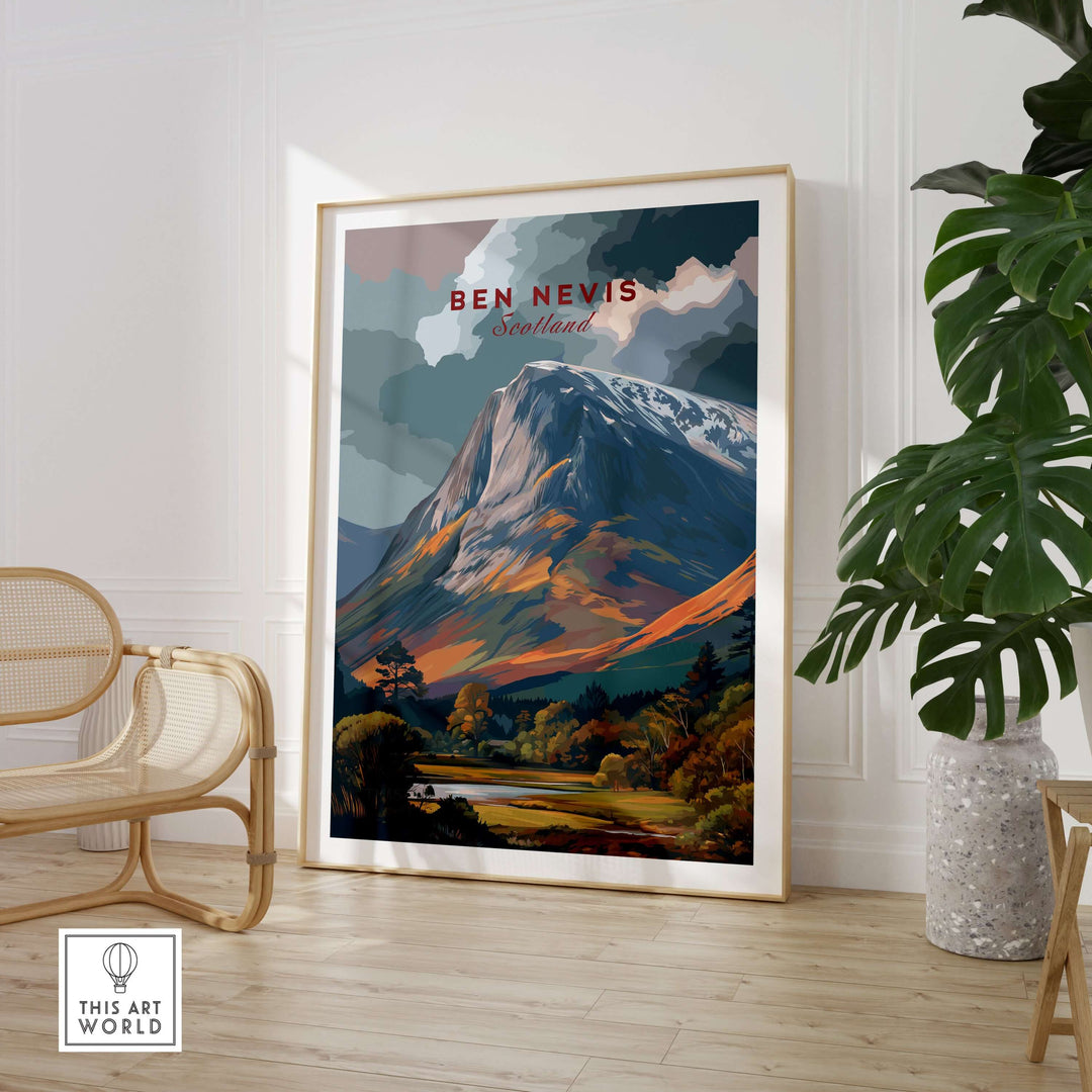 Ben Nevis snow-capped mountain poster in a stylish interior, showcasing Scottish Highlands wall art.