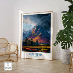 Ben Nevis Wall Art Scotland Moody Skies - Scottish Highlands Travel Poster displayed in a stylish interior setting.