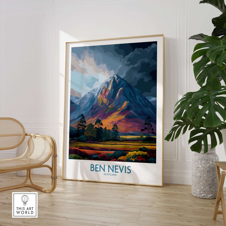 Ben Nevis wall art featuring moody skies and vibrant landscapes of the Scottish Highlands, perfect for travel enthusiasts.
