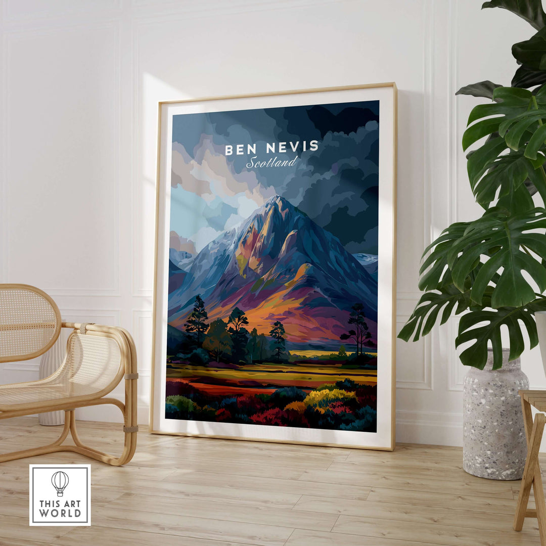 Ben Nevis art print showcasing a vibrant mountain landscape in Scotland, capturing the beauty of dusk.