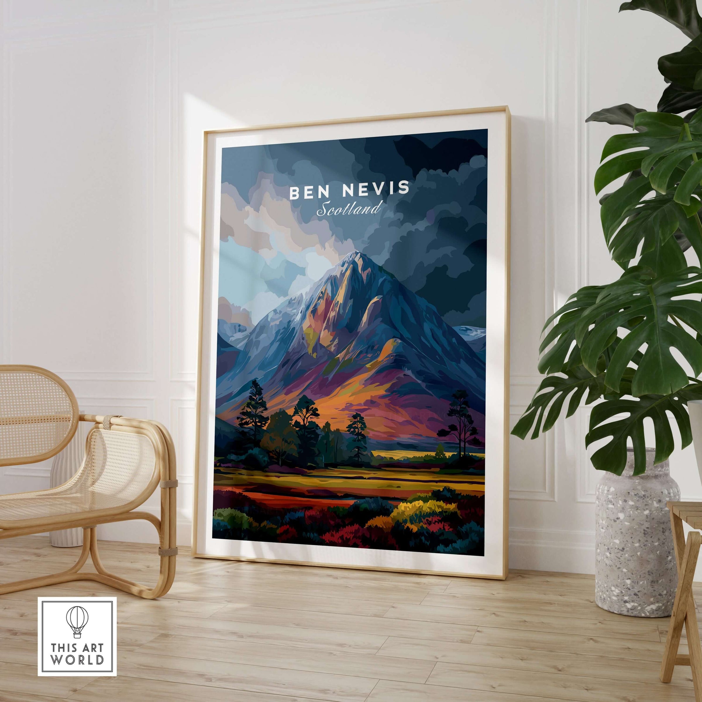 Ben Nevis Art Illustration Print Scotland Vibrant Dusk Mountain - Colorful Landscape Poster displayed in a modern interior.