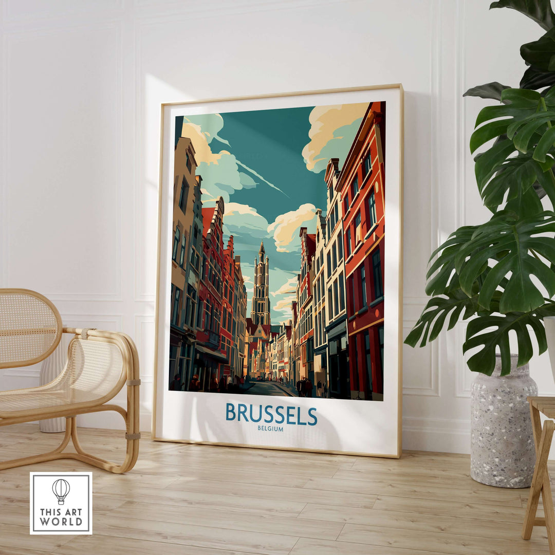 Brussels Belgium travel poster showcasing Gothic architecture in a vibrant urban scene.
