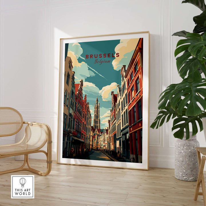 Brussels Belgium street art poster featuring historic architecture in a stylish interior setting.