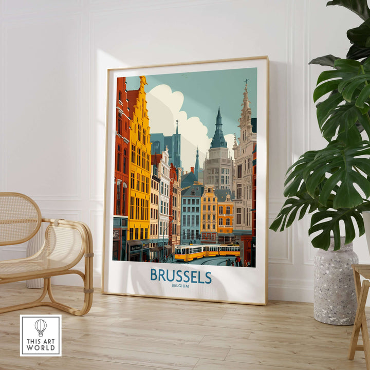 Brussels wall art print showcasing Belgium's historic architecture, vibrant colors, and cultural charm in a stylish interior.