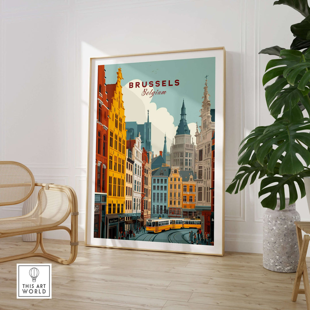 Vibrant Brussels tram cityscape poster showcasing historic architecture and lively street scene.