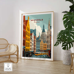 Brussels Belgium Tram Cityscape Poster - Vibrant European Street Scene showcasing a colorful cityscape with iconic trams.