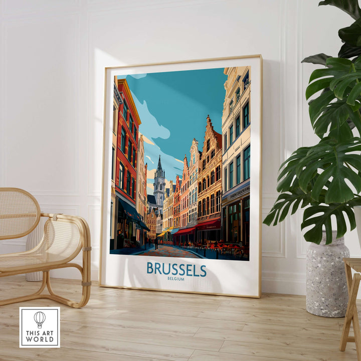 Brussels wall art print showcasing colorful buildings and Belgian architecture in a stylish living space.