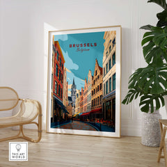 Brussels Print Belgium - Old Town Europe Poster showcasing charming architecture in a stylish interior setting.