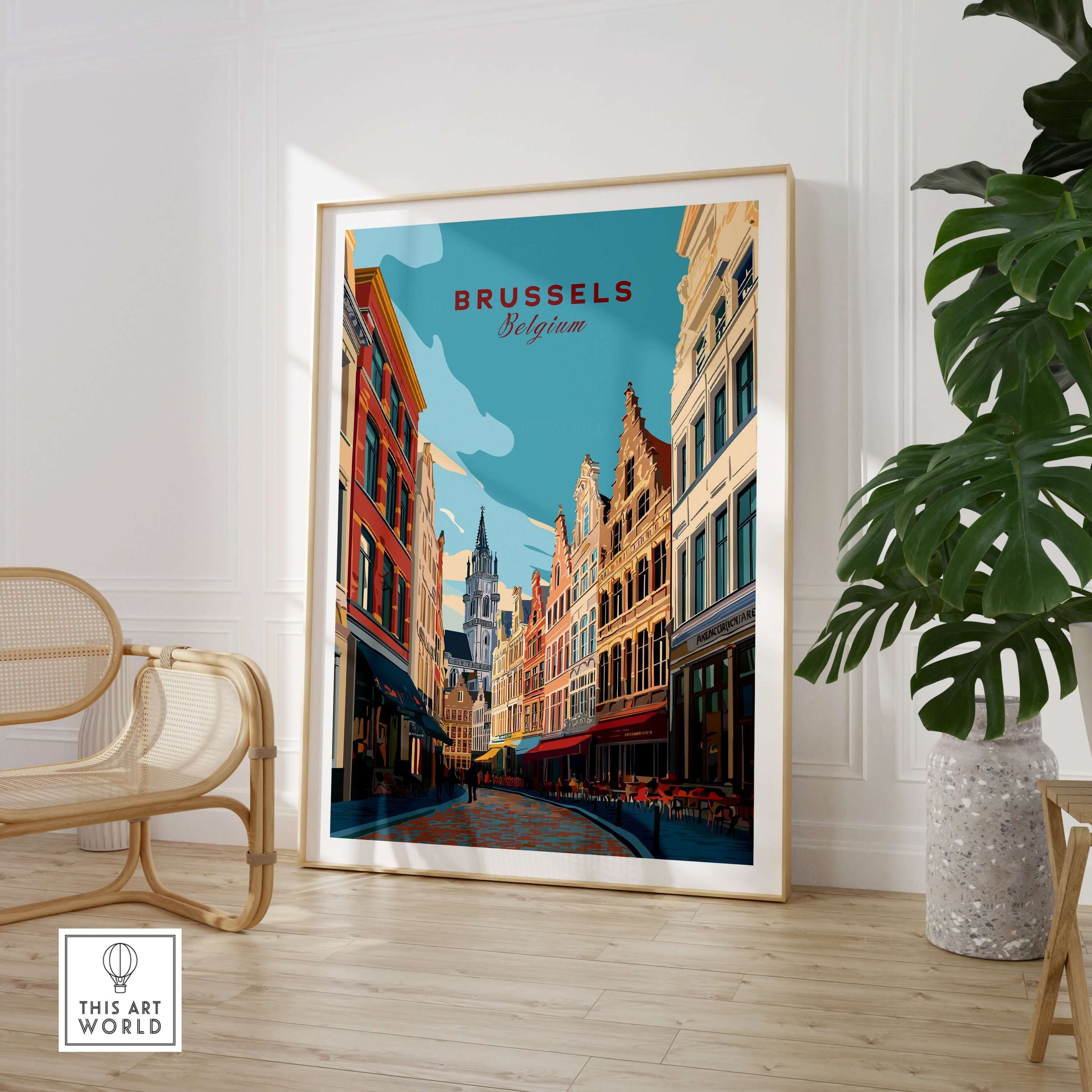 Brussels Print Belgium - Old Town Europe Poster showcasing charming architecture in a stylish interior setting.