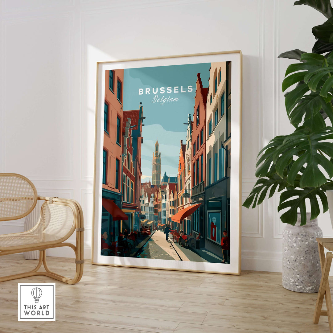 Brussels Belgium art print featuring Grand Place architecture in vibrant colors, ideal for home décor.
