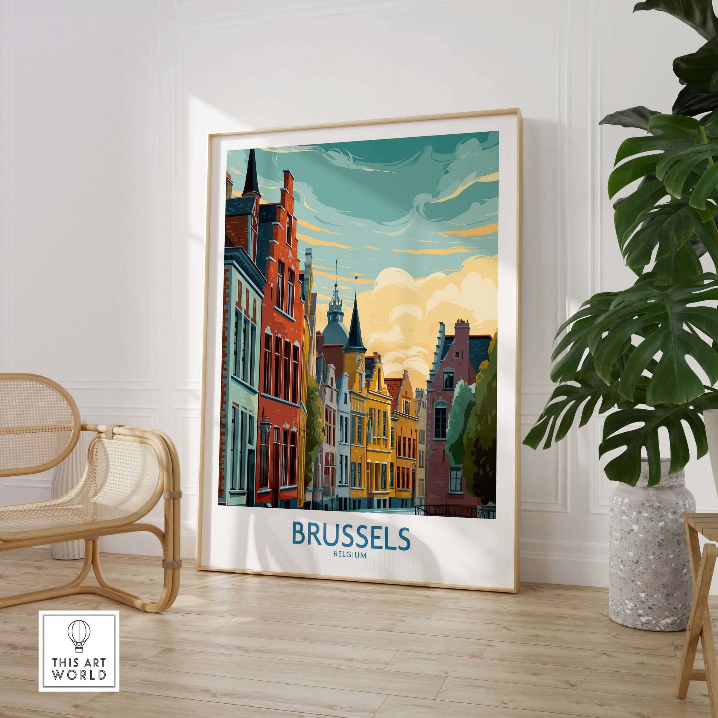 Brussels Belgium Travel Poster showcasing vibrant architecture and colors of the city in an artfully designed setting.