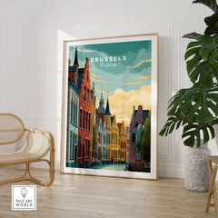 Brussels Belgium Historic Houses Sunset Poster - Iconic European Architecture Print displayed in a stylish room with modern decor.