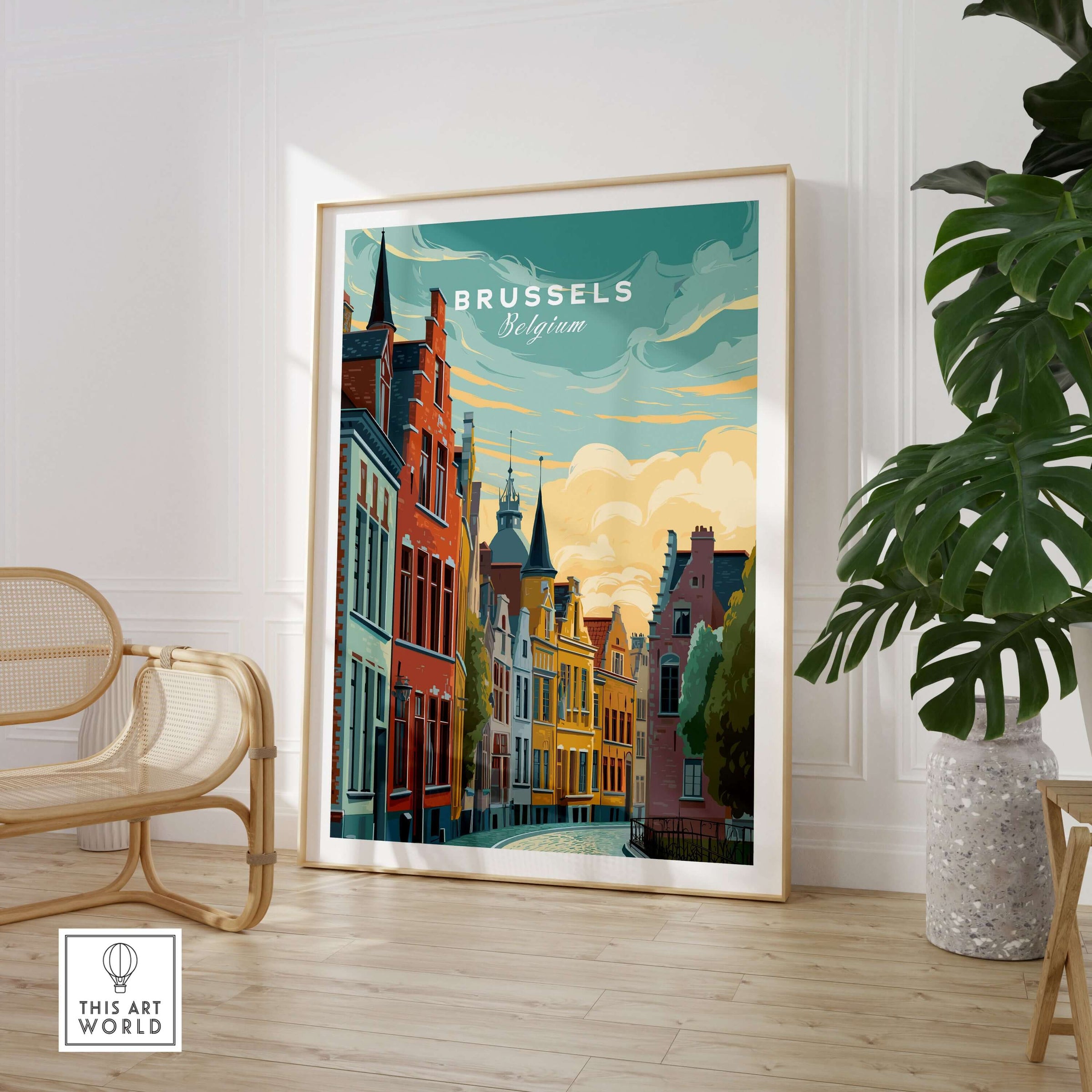Brussels Belgium Historic Houses Sunset Poster - Iconic European Architecture Print displayed in a stylish room with modern decor.
